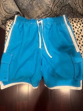 Men's Turquoise Cargo Swim Shorts with White Trim
